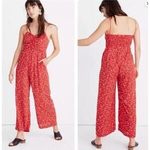 Madewell Red Floral Wide Leg‎ Lightweight Ankle Length Jumpsuit Sz 14 Cottage